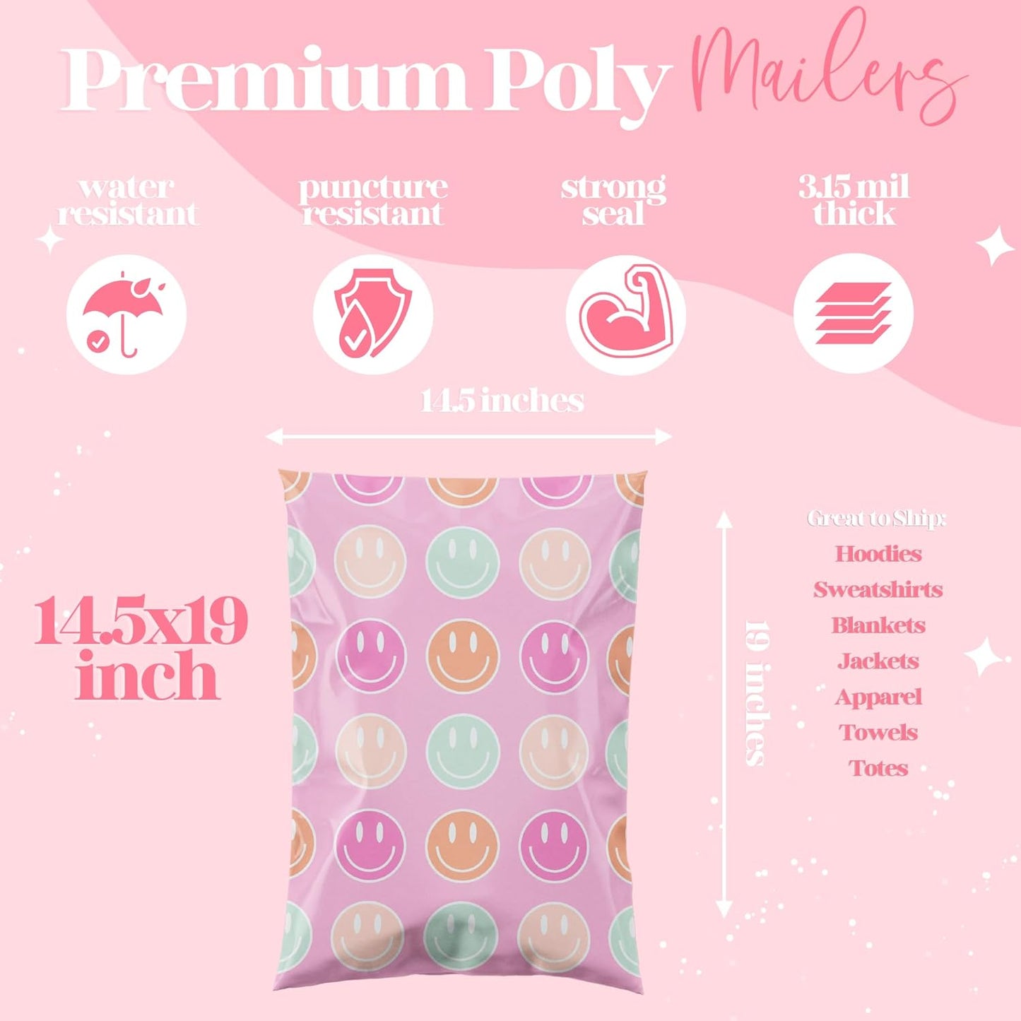 6x9 Designer Poly Mailer 100 Pack Heavy Duty Waterproof Self Seal Shipping Bags for Small Business Large Mailing Envelopes Bulk Tear Resistant Cute Packaging Smiley Face