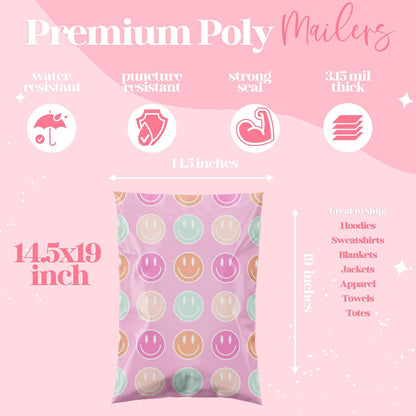 6x9 Designer Poly Mailer 100 Pack Heavy Duty Waterproof Self Seal Shipping Bags for Small Business Large Mailing Envelopes Bulk Tear Resistant Cute Packaging Smiley Face