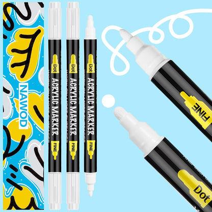 NAWOD 3 White Acrylic Paint Pens, Dual Tip (Fine 1mm + Dot 5mm) Permanent Markers for Rock, Fabric, Canvas, Ceramic, Glass, Wood, Paper, Labeling, Drawing, DIY Crafts