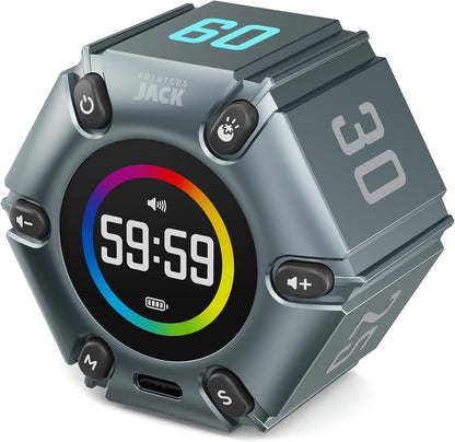 Printers Jack Timer, Visual Pomodoro Timer, Productivity Cube Mute & Vibration & Adjustable Sound Alert, for Office, ADHD, Study, Work, 3/5/10/25/30/60min & Custom Countdown - Iron Gray