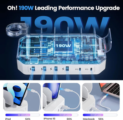 190W Fast Charging Station for Multiple Devices【Certified Safer Charging】 6 Port USB Charger Station - Family Multi-Device Organizer Charging Dock Compatible with iPhone/Android/MacBook/iPad/Tablet