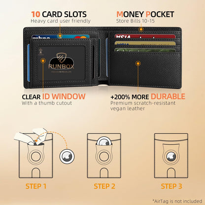 RUNBOX AirTag-Wallet-Mens-Slim-RFID Blocking Wallets Leather with Bill Compartment Air Tag Bifold Card Holder Wallet Gifts for Men Dad
