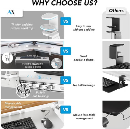 Keyboard Tray Under Desk Pull Out with Extra Sturdy C Clamp Mount System, 27.3 (32.5 inch Including Clamps) x 11 Inch Slide-Out Platform Computer Drawer for Typing White AX01WW01