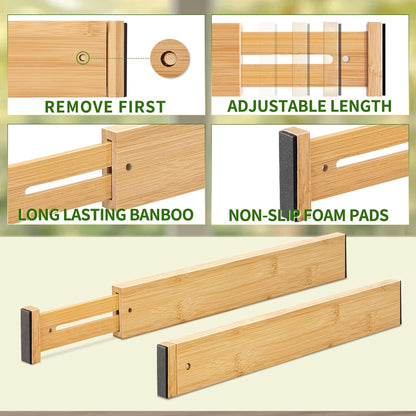 Bamboo Drawer Organizers 4 Pack, 17-22" Adjustable Spring Loaded Dividers for Kitchen Utensils, Silverware, Clothes, Dresser, Bathroom and Office Storage
