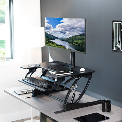 VIVO 32 inch Height Adjustable Stand Up Desk Converter, V Series, Quick Sit to Stand Tabletop Dual Monitor Riser Workstation, Black, DESK-V000VS