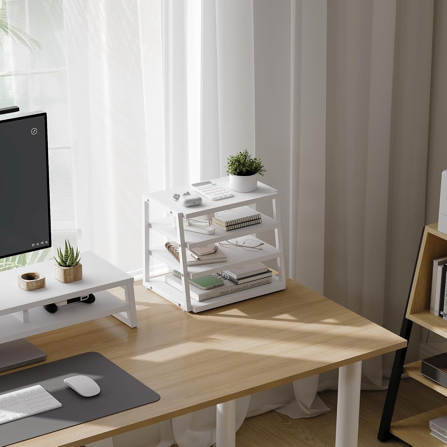 Fenge Desk Shelf Organizer, 4 Tier Desktop Shelf, Wood and Metal Office Shelves, Corner File Organizer for Office Supplies, Top of Desk Organizers and Accessories