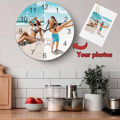 Personalized Clocks with Picture/Text, Custom 2 Photo Silent Wall Clock Non Ticking for Bedroom, Living Room, Kitchen, Office, Customized Anniversary Valentine's Day Gifts (10", 12", 14")