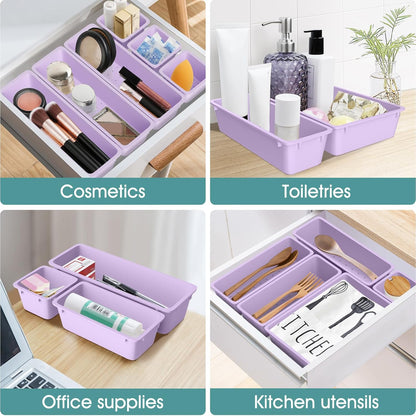 WOWBOX 25 PCS Plastic Drawer Organizer Set, 4 Sizes Desk Drawer Divider Organizers and Storage Bins for Makeup, Jewelry, Gadgets for Kitchen, Bedroom, Bathroom, Office, Purple