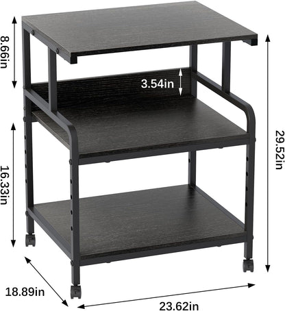 Large Printer Stand with Storage Shelf, 23.6" W x 18.9" D Printer Cart with Wheels, 3 Tier Mobile Printer Table for Home Office,Stands for Heat Press Scanner Fax (Black)