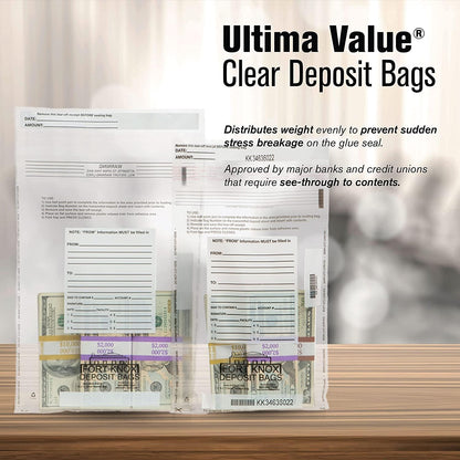 BankSupplies Ultima Value Clear Deposit Bags | 9W x 12H | Pack of 1000 | Transit, Transfer, Valuables | Tamper Evident Tape | Captive Flap Closure | Security Deposit Bag
