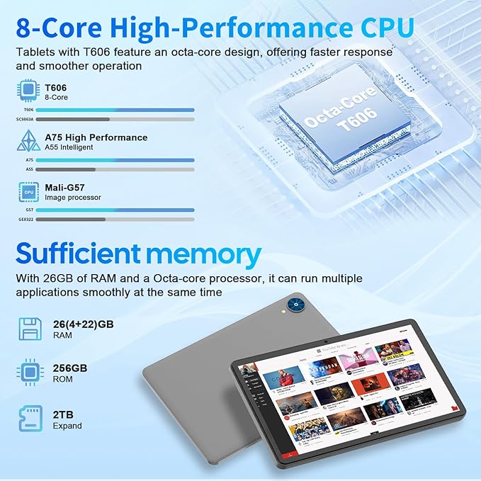 Android 15 tablet with keyboard, 26GB RAM+256GB ROM(2TB Expand), 10 inch tablet with 8000mAh Battery, 2.4G/5G WiFi, BT 5.0, 5MP+13MP Dual Camera, Gemini AI, Octa-core, Mouse, Stylus, Case(Black Case)