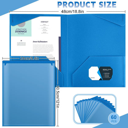 Henoyso 60 Pcs Plastic Folders with Clear Front Pockets Heavy Duty File Folders with 2 Pockets and Card Slot for Student Communication School Office Presentation Report (Blue)