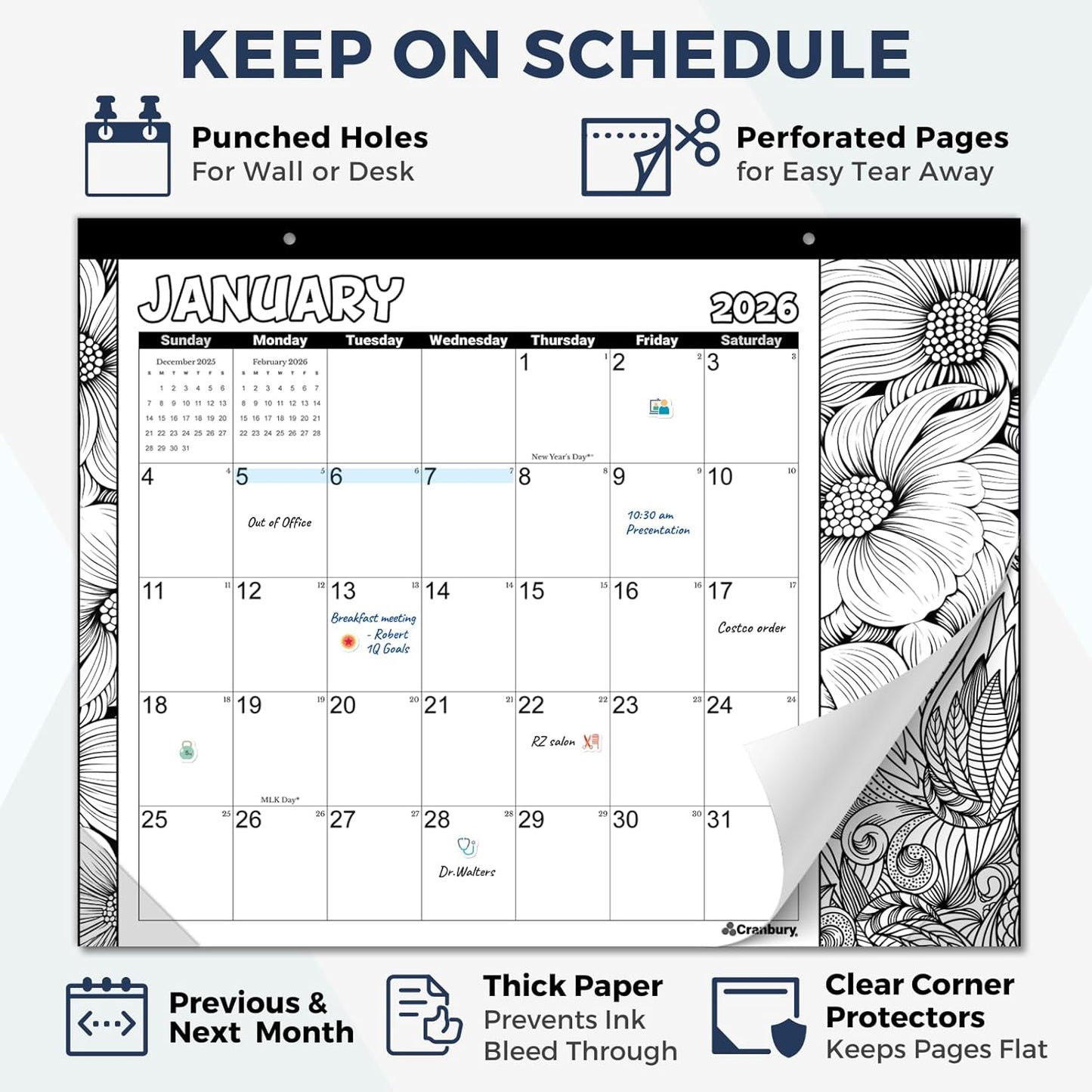 CRANBURY Coloring Desk Calendar 2026, 13.25x17" Doodle Deskpad Calendar or Large Hanging Wall Planner, Includes Planner Stickers, 14 Months, Use Nov 2025 to Dec 2026