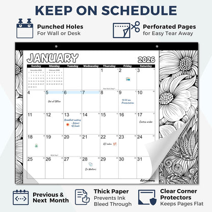 CRANBURY Coloring Desk Calendar 2026, 13.25x17" Doodle Deskpad Calendar or Large Hanging Wall Planner, Includes Planner Stickers, 14 Months, Use Nov 2025 to Dec 2026