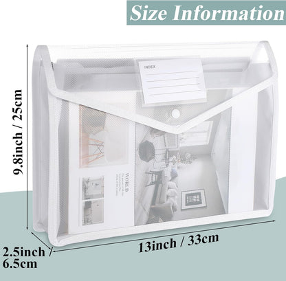 10 Pieces Plastic File Folders Envelope Expanding File Wallet Organizer Documents Folder with Snap Closure and Pocket, A4 Size Waterproof Transparent Pouch(White,Horizontal)