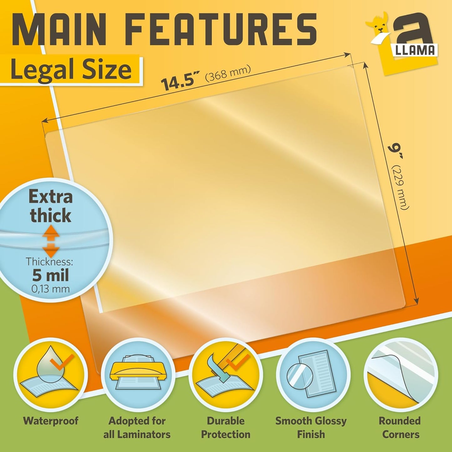 Thermal Laminating Pouches 9” x 14.5”, 5 Mil Thick, 20 Pack, Suited for Legal Size Laminating Sheets 8.5 x 14
