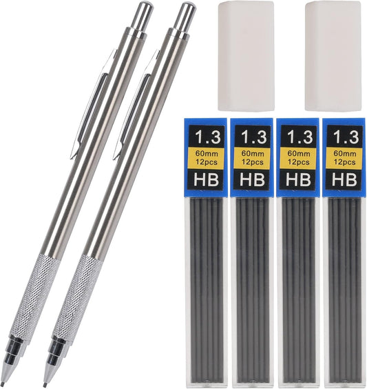 1.3 mm Mechanical Pencil Set with 4 Tubes Lead Refills,2 Eraser,1.3mm Mechanical Pencils,Metal Drafting Pencil, Lead Holder,Drawing Mechanical Pencils,Carpenter Pencils for Marking, Sketching