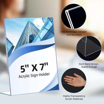 12 Pack Slanted Back Acrylic Sign Holders 5x7 for Business & Store, Tabletop Vertical Sign Holder with Anti-Slip Pads Clear Display Stand, for Menus Flyer Documents Office Restaurants Party Decoration