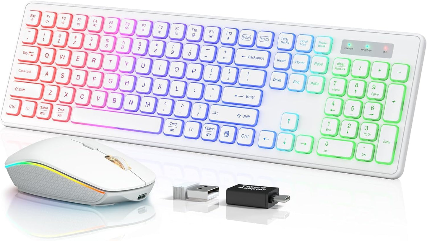 Wireless Keyboard and Mouse - RGB Backlit, Rechargeable & Light Up Letters, Full-Size, Ergonomic Tilt Angle, Sleep Mode, 2.4GHz Quiet Keyboard Mouse for Mac, Windows, Laptop, PC, Trueque(White)