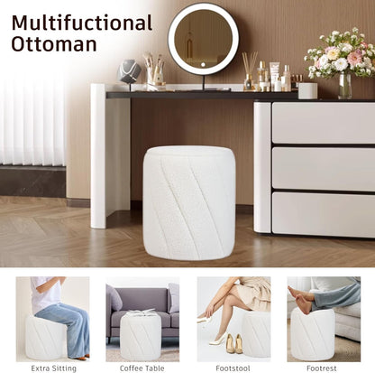 Modern Round Ottoman, Spiral-Tufted Foot Stool Ottoman, Teddy Fleece Upholstered Vanity Stool for Makeup, Bedroom, Living Room, White