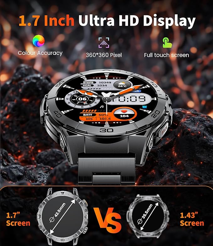 Smart Watches for Men 1000mAh Battery/Flashlight/3 Straps, 1.7" Ultra HD Screen Outdoor Smartwatch with 111 Sports Modes, Heart Rate/Sleep/Calorie Monitor, 5ATM Waterproof Fitness Tracker Android iOS