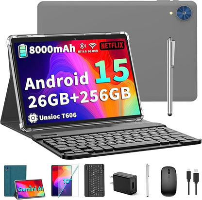 Android 15 Tablet with Keyboard - 26GB+256GB+2TB Expand, Octa-Core, 2.4G/5G Wifi, 8000mAh Battery, Widevine L1, Dual Camera, Face Unlock, 10 Inch 2 in 1 Tablets with Mouse, Stylus (Green Case)