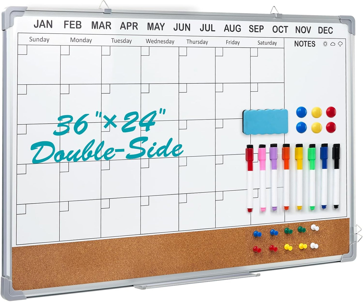 Calendar Whiteboard for Wall,36" x 24" White Board Calendar Dry Erase with Silver Aluminum Frame,Double Side Wall Hanging Board for Office,Home,Kitchen