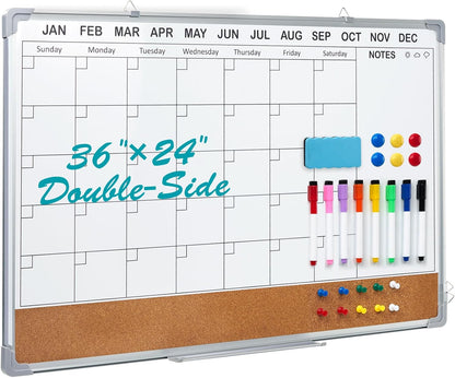 Calendar Whiteboard for Wall,36" x 24" White Board Calendar Dry Erase with Silver Aluminum Frame,Double Side Wall Hanging Board for Office,Home,Kitchen