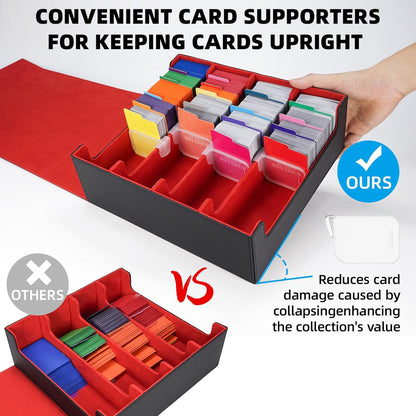 AFIING Trading Card Storage Box, MTG Deck Box with 48 Dividers & Supporters, Commander Card Deck Case Fits for Magic Game Cards, YugiOh, TCG, baseball and Sport Cards, Black Red 3200+