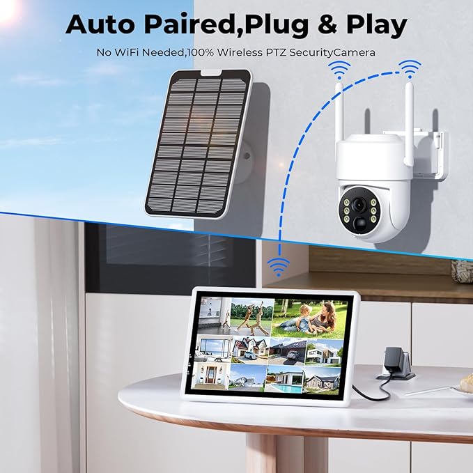Camcamp Security Cameras Wireless Outdoor, Solar Powered Wireless Security Camera System, 2K PTZ, Color Night Vision, PIR Motion Detection, App Alert, 2-Way Talk, IP66 Waterproof