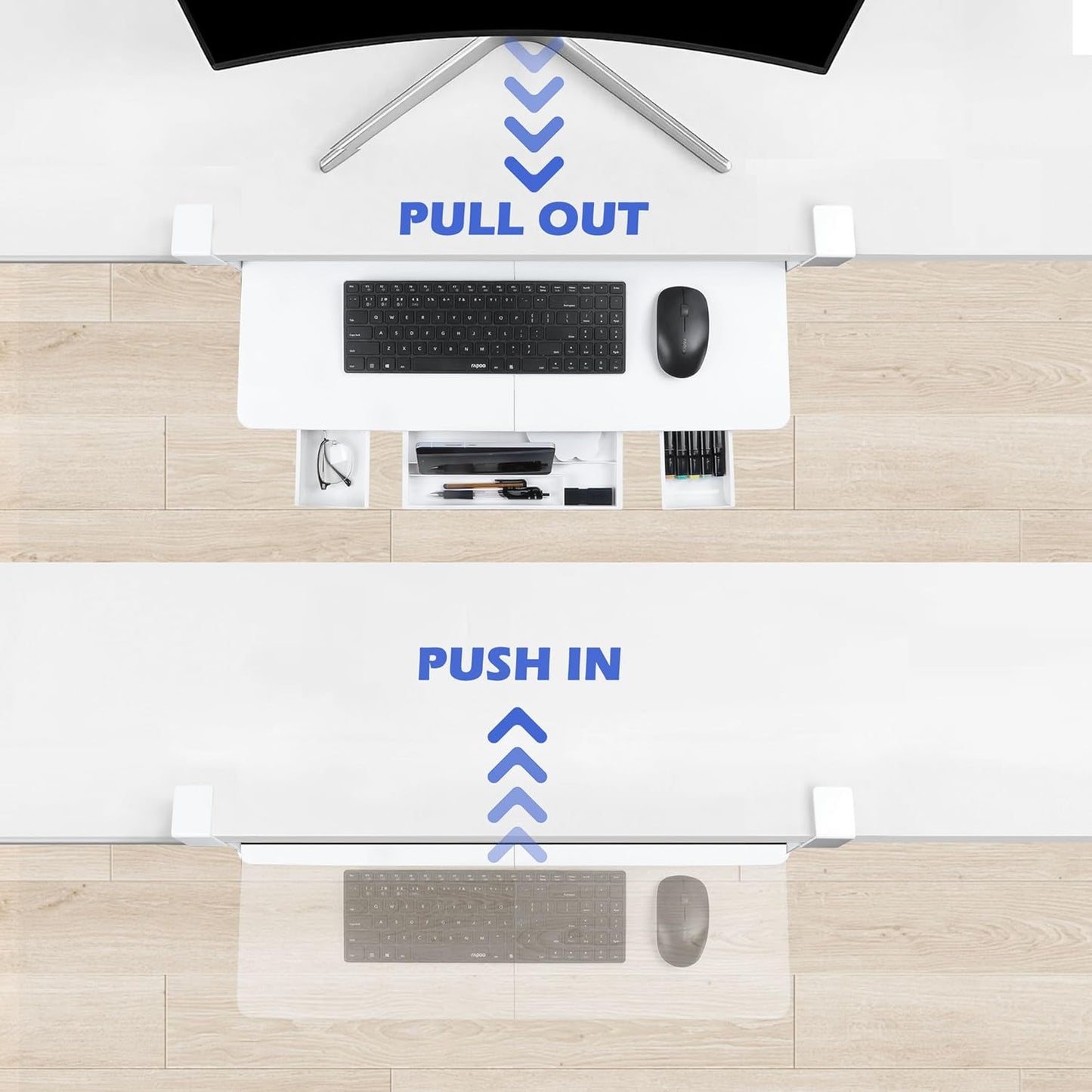 Keyboard Tray Under Desk with Drawer,26.77" X 11.81"Large Size Keyboard Tray with C Clamp-on Mount, Easy to Install, for Home Office (White)