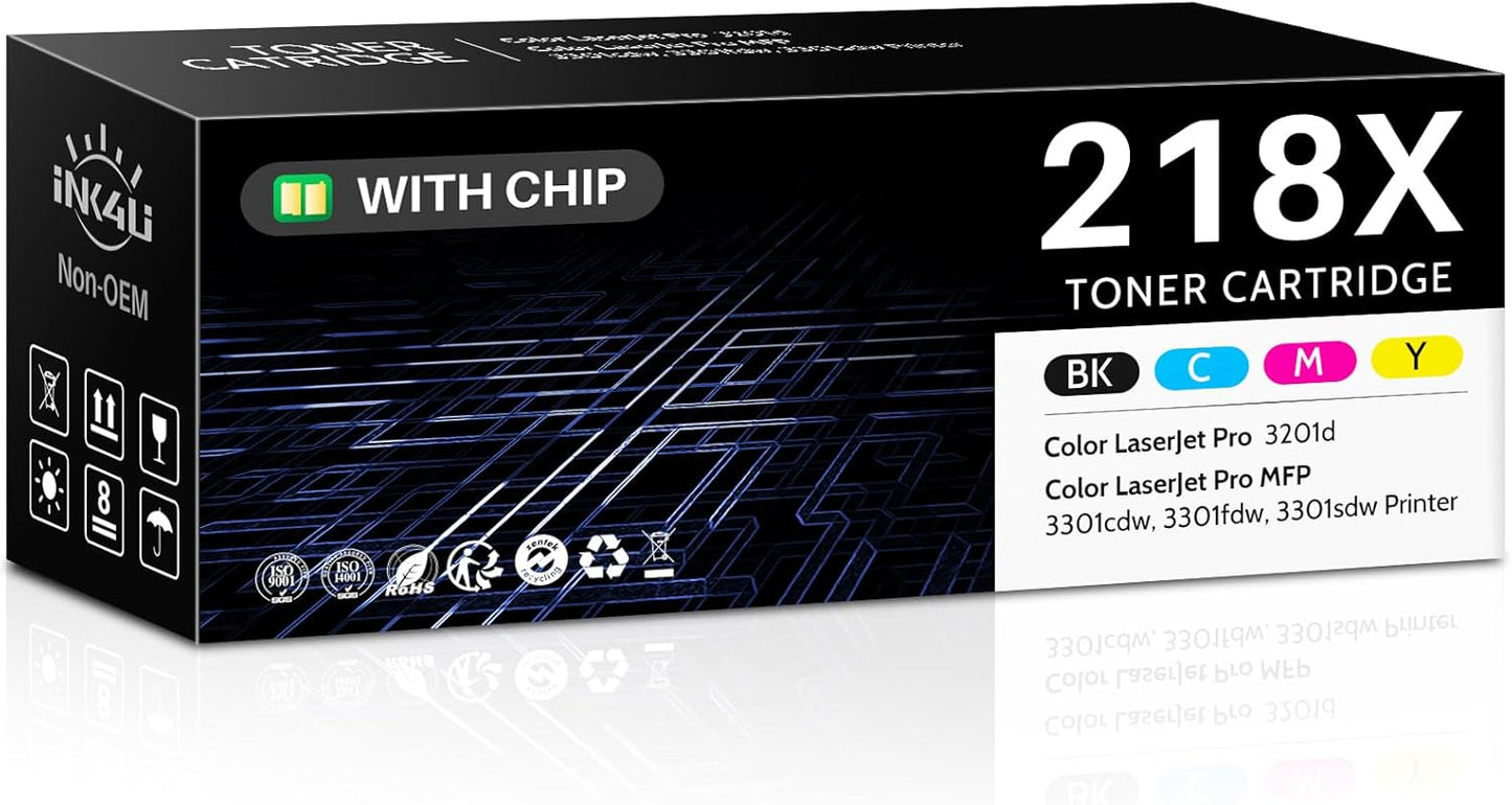 218X Toner Cartridges 4 Pack (with Chip) Compatible Replacement for HP 218X W2180X 218A W2180A Toner for HP Color Laserjet Pro 3201dw, MFP 3301cdw, 3301fdw, 3301sdw Printer (B/C/M/Y, High-Yield)