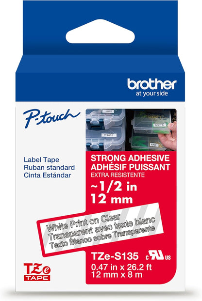 Brother Genuine P-Touch TZe, White Print on Clear, Strong Adhesive Laminated Label Tapes (TZeS135), ~1/2in x 26.2ft (12mm x 8m) for Select P-Touch Label Makers, Water-Resistant, Extra-Strength