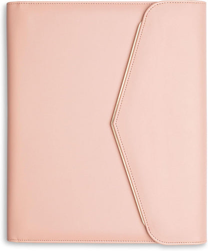Padfolio Binder Organizer for Women | Faux Leather Portfolio Folder for Resume, Documents, Notebook, Tablet and Business Cards | Notepad Included - Pink with Gold Edge