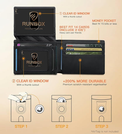 RUNBOX Wallet for Men Slim Rfid Leather 2 ID Window With Gift Box