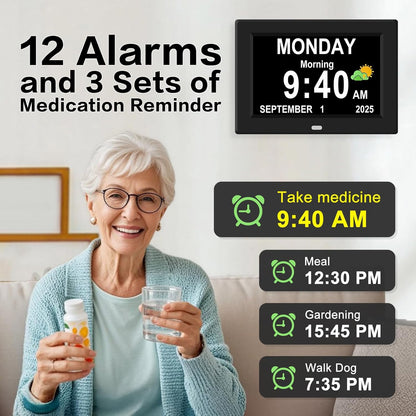 Digital Alarm Clock for Elderly Large Display Date Day of Week for Seniors Electric Digital Clocks 12 Alarms 4 Colors Desk Calendar Clocks for Memory Loss Alzheimers Clock Auto DST/Dimmer