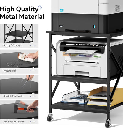 Warmiehomy 24"x24"x30" Large Printer Stand with Storage, 3 Tier Rolling Printer Cart Table, Mini Fridge Stand with Wheels, Use for 3D Laser Printer Home Office, Black