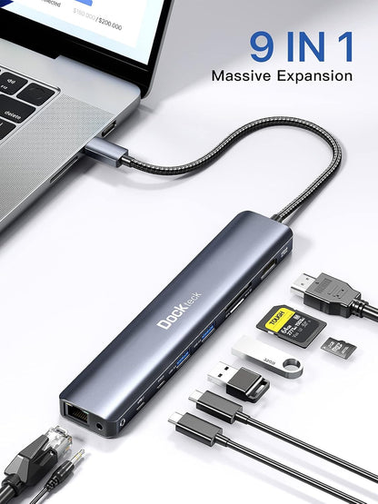 Dockteck 9-in-1 USB-C Hub: HDMI 4K@60Hz, Ethernet, 100W PD, Audio, 2x USB-A 5 Gbps, SD/TF Card Reader for MacBook, iPad, XPS, Microsoft