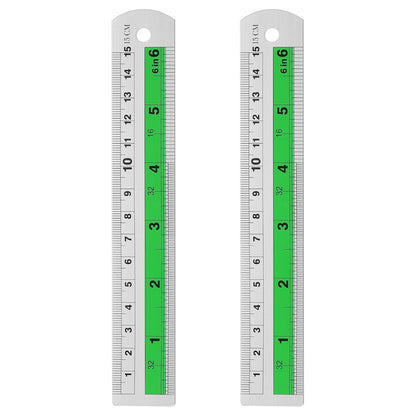 HARFINGTON 2pcs Metal Straight Ruler 15cm Metric SAE Aluminum Alloy Measuring Rulers Scale Tool with Hole for Measure Study Reading Classroom Office, Green