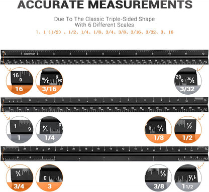 12" Architectural Scale Ruler Aluminum Architect Scale Triangular Scale Ruler for Architects, Draftsman, Students and Engineers, Black