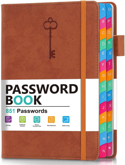 Password Keeper Book with Colorful Alphabetical Tabs, Hardcover Password Log-Book for Internet Password and Website Address, 5.8"×8.4" Password Notebook for Home Office (Sienna)