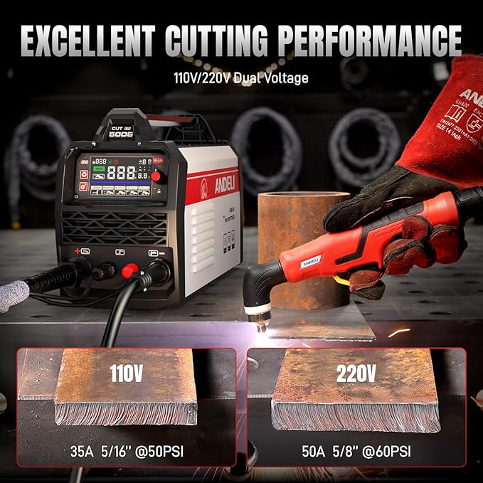 ANDELI Plasma Cutter, Non-Touch Pilot Arc HF 50A Plasma Cutting Machine,4.05'' Larger LED Display,5/8" Clean Cut, Post Flow Mesh,Plate Cutting/Grid Cutting/Marking 110/220V,2T/4T for Beginners DIY