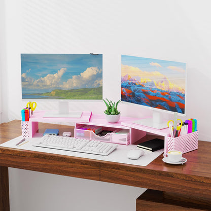 Spacrea Metal Desk Organizers and Accessories, Dual Monitor Stand Riser with Drawer and 2 Pen Holders, Desk Accessories & Workspace Desktop Organizers for Office Supplies (Pink)