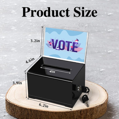 VOISEN Acrylic Donation Box with Lock, Black Tip Jar with Sign Holder, Suggestion Box for Fundraising, Donation, Bar, School Voting, 6.2x4.6x3.9 Inch