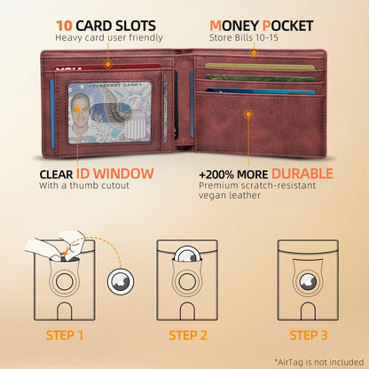 RUNBOX AirTag-Wallet-Mens-Slim-RFID Blocking Wallets Leather with Bill Compartment Air Tag Bifold Card Holder Wallet Gifts for Men Dad