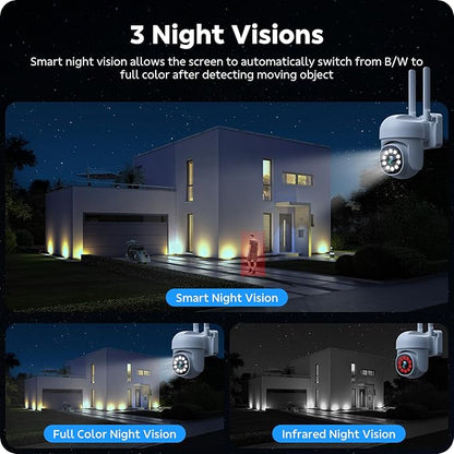 CAMCAMP Outdoor Security Camera Wireless Cameras for Home Security, 2K 360° View Pan/Tilt, Auto Human Tracking, 2.4G& 5G WiFi, Three Night Vision, Two-Way Talk, Indoor, IP66, Support SD Storage (1, W)