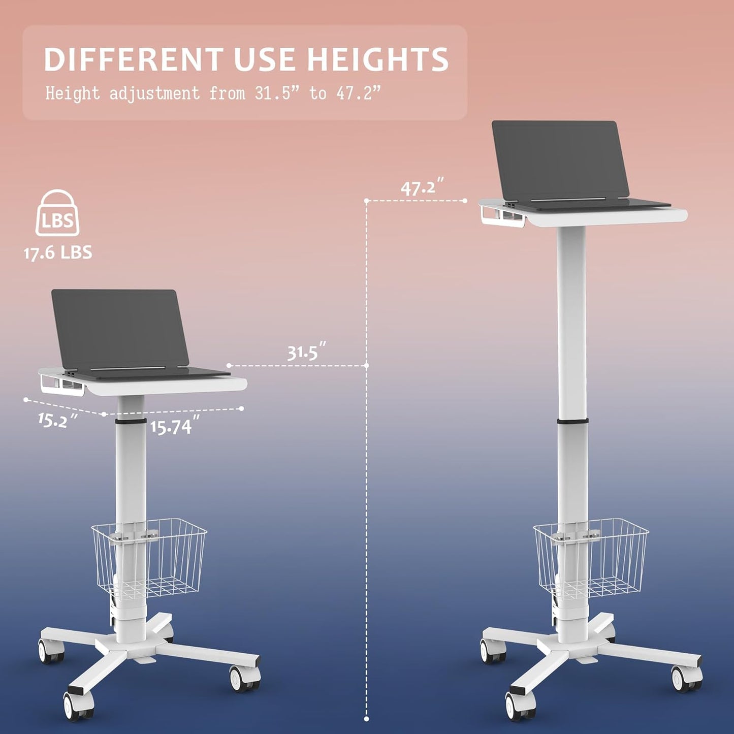 Adjustable Height Portable Laptop Desk with Wheels,White Computer Cart on Wheels,Standing Mobile Desk Workstation, Utility Medical Cart