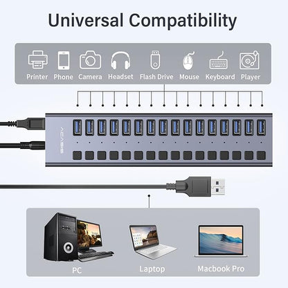 Powered USB 3.0 Hub, ACASIS 16 Ports USB 3.0 Hub with 5Gbps Data Speed，Aluminum Housing, USB Hub Powered with 90W Power Adapter, USB Hub for PC/Laptop, Computer, Flash Drive, Printer, Camera