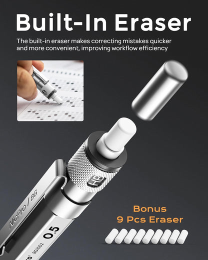 Nicpro Blocky Gear 0.5 mm Mechanical Pencil Set in Case, Metal Pencil with Lead Refills, Eraser for Professional & Adult Art Writing Drafting Drawing