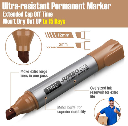 Fuutreo 10 Pack Jumbo Permanent Markers Bulk Large Chisel Tip Permanent Markers Quick Drying Waterproof Big Huge Poster Pens for Office, Logistics Company and More(Brown)